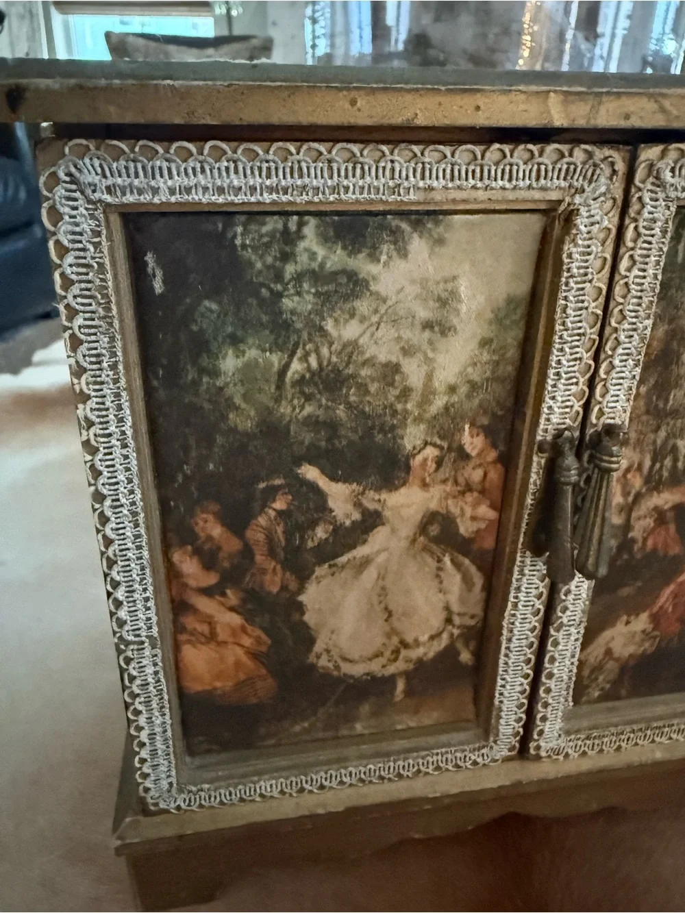 Vintage Gold Decorative Jewelry Box Chest with  Renaissance Style Art Panels